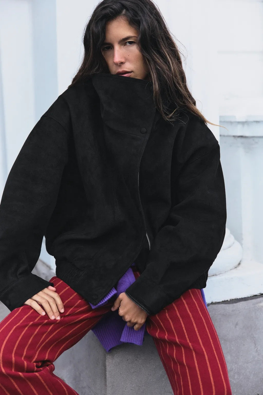 ZA Faux Suede High-Neck Bomber Jacket