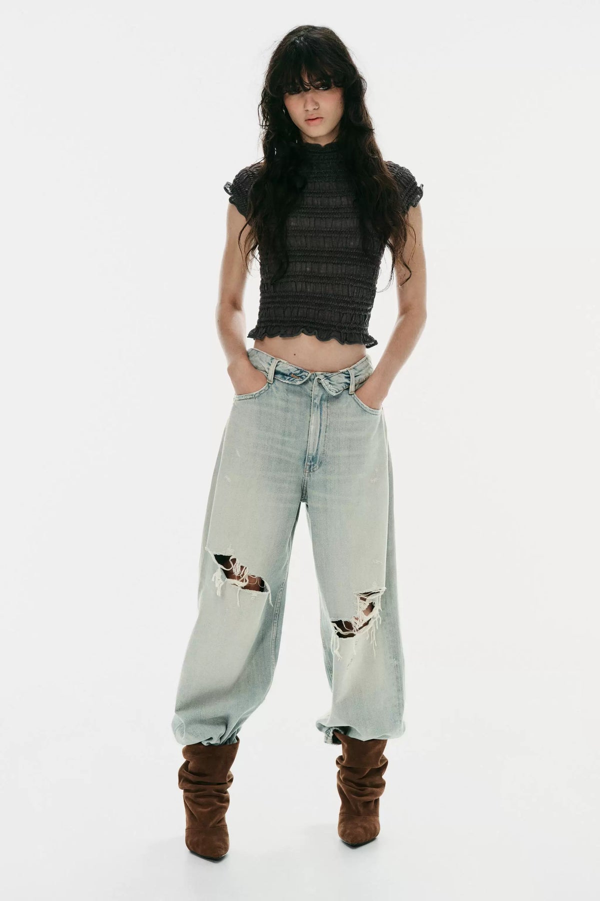 ZA Textured Ruffle High-Neck Top