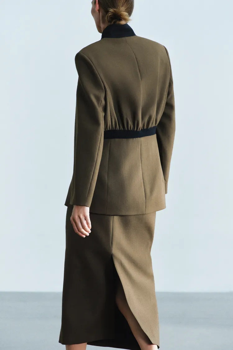 SA Contrast-Collar Tailored Jacket & Midi Skirt Set