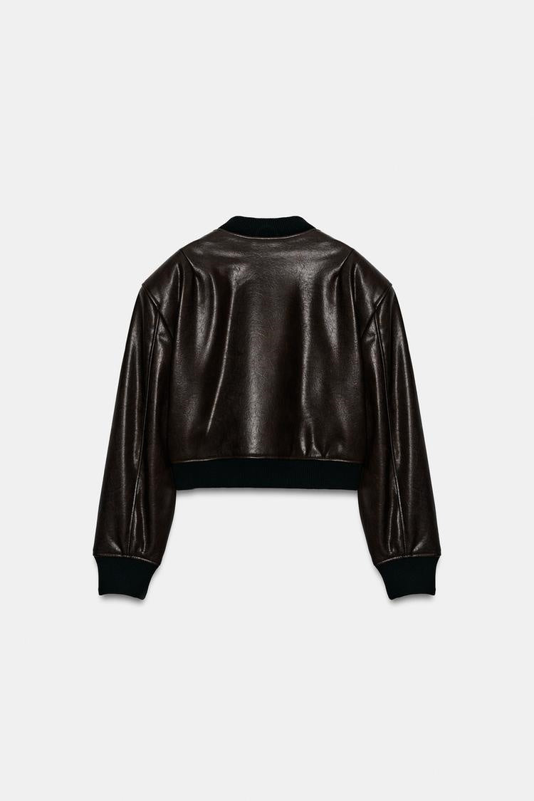 ZA Cropped Faux Leather Bomber Jacket
