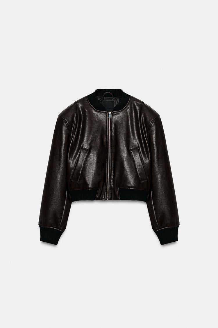 ZA Cropped Faux Leather Bomber Jacket