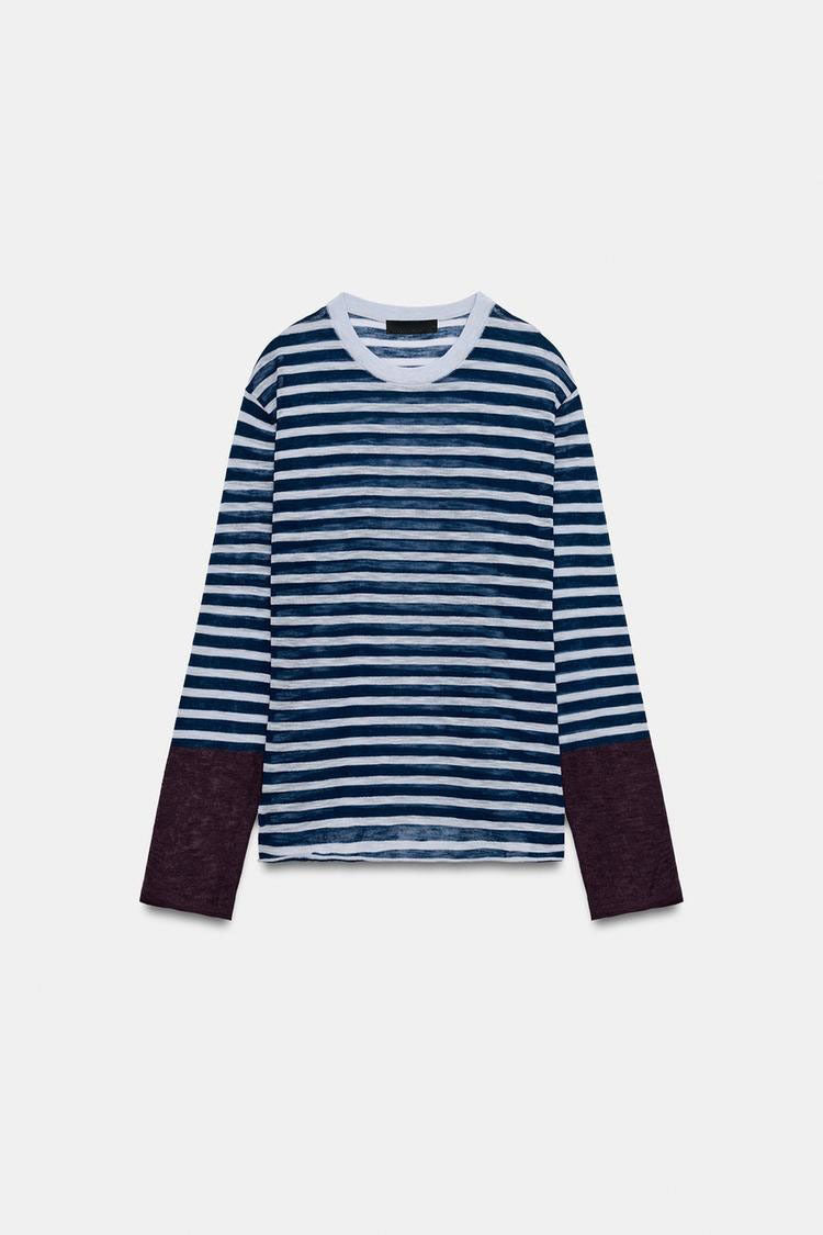 ZA Striped Contrast-Cuff Long-Sleeve Top