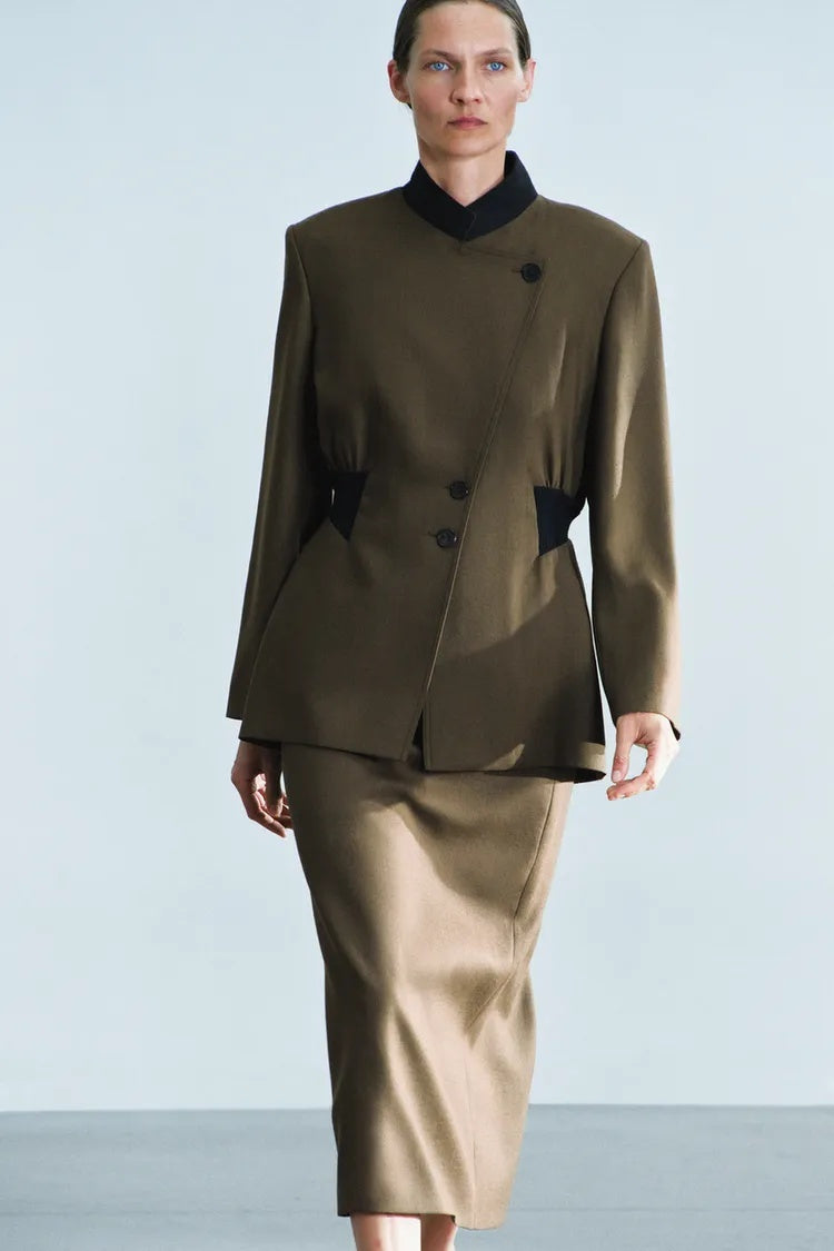 SA Contrast-Collar Tailored Jacket & Midi Skirt Set