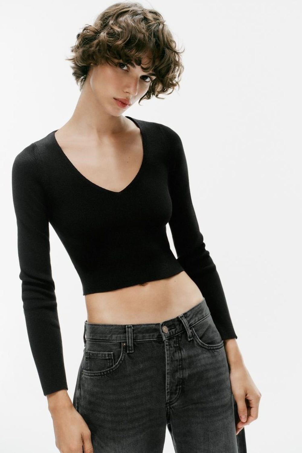 ZA Black Lace-Up V-Neck Knit Top