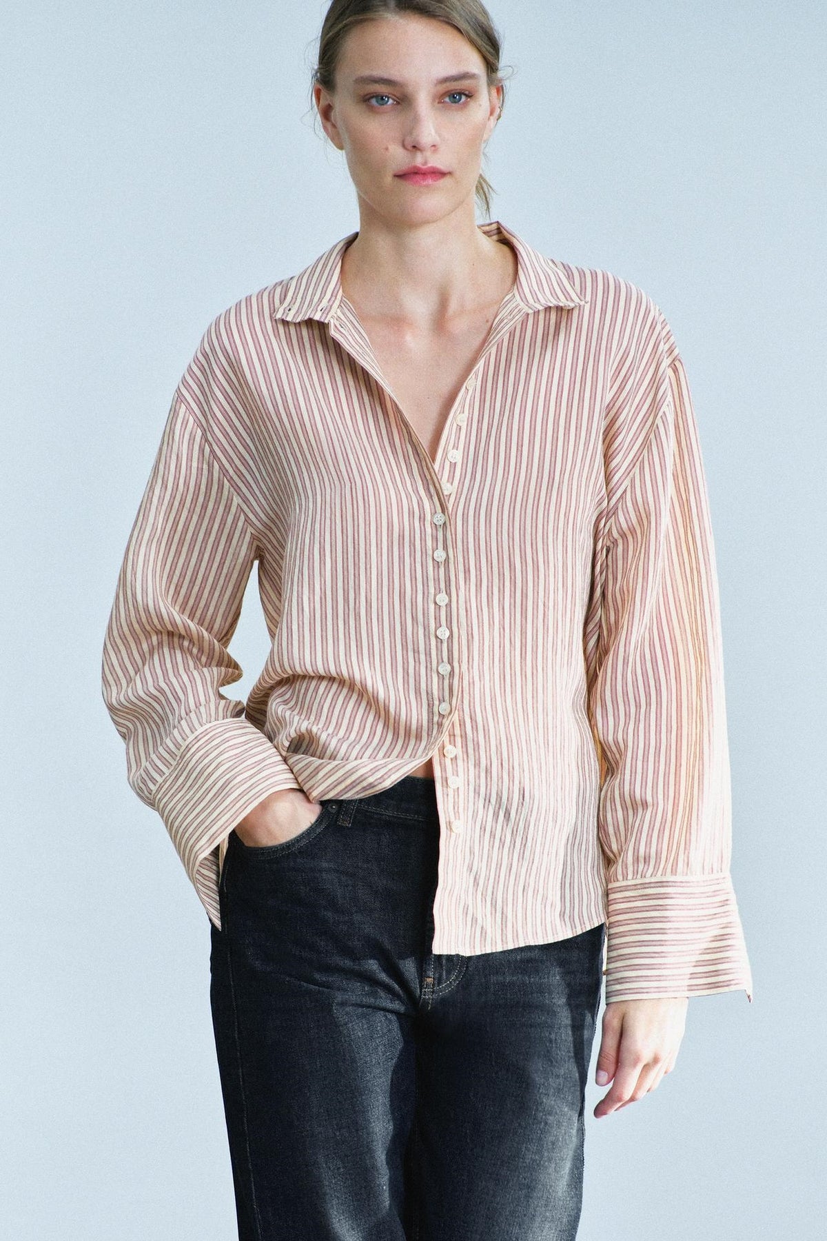 ZA  High-Neck Striped Oversized Shirt