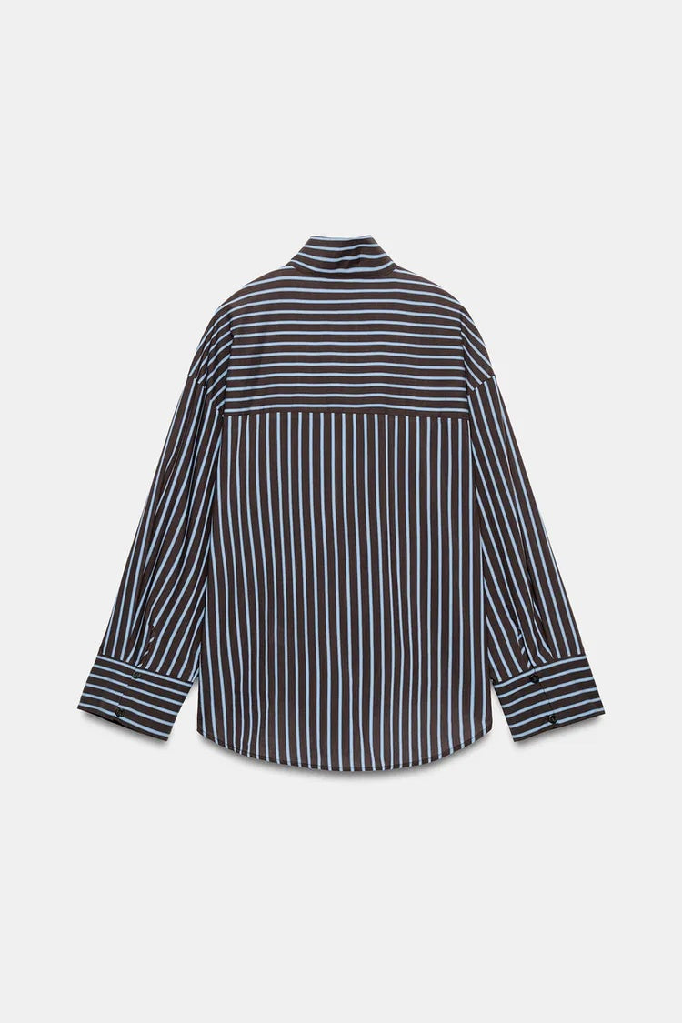 ZA Striped High-Neck Button Shirt
