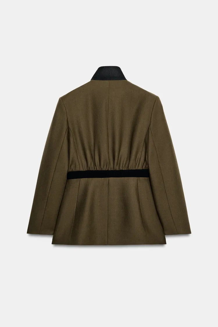 SA Contrast-Collar Tailored Jacket & Midi Skirt Set