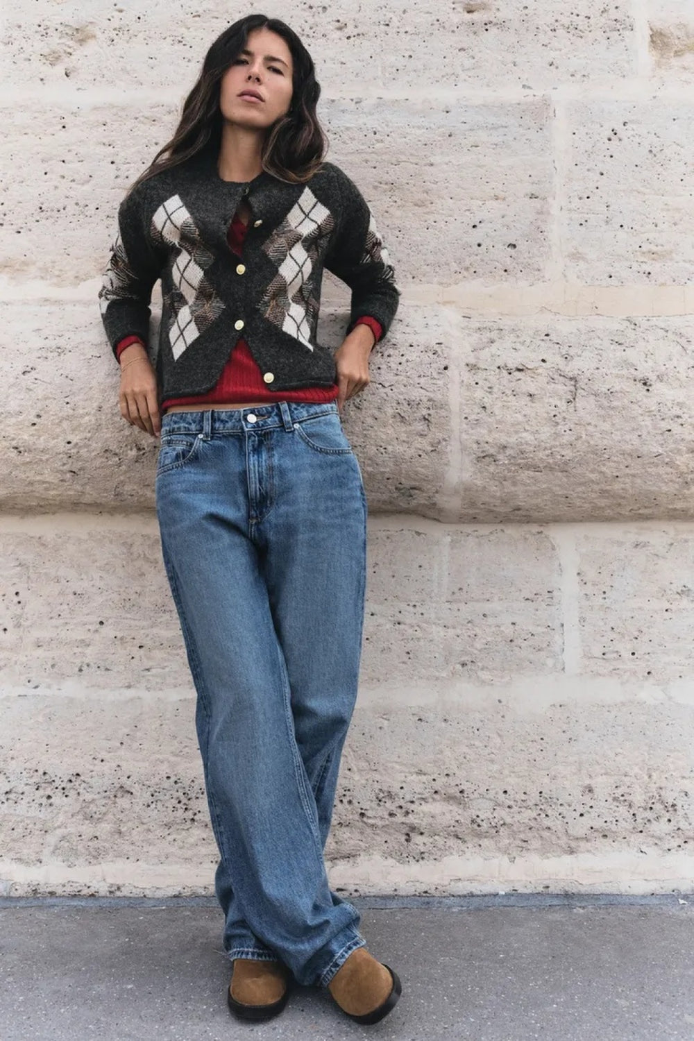 ZA Argyle Button-Up Knit Cardigan