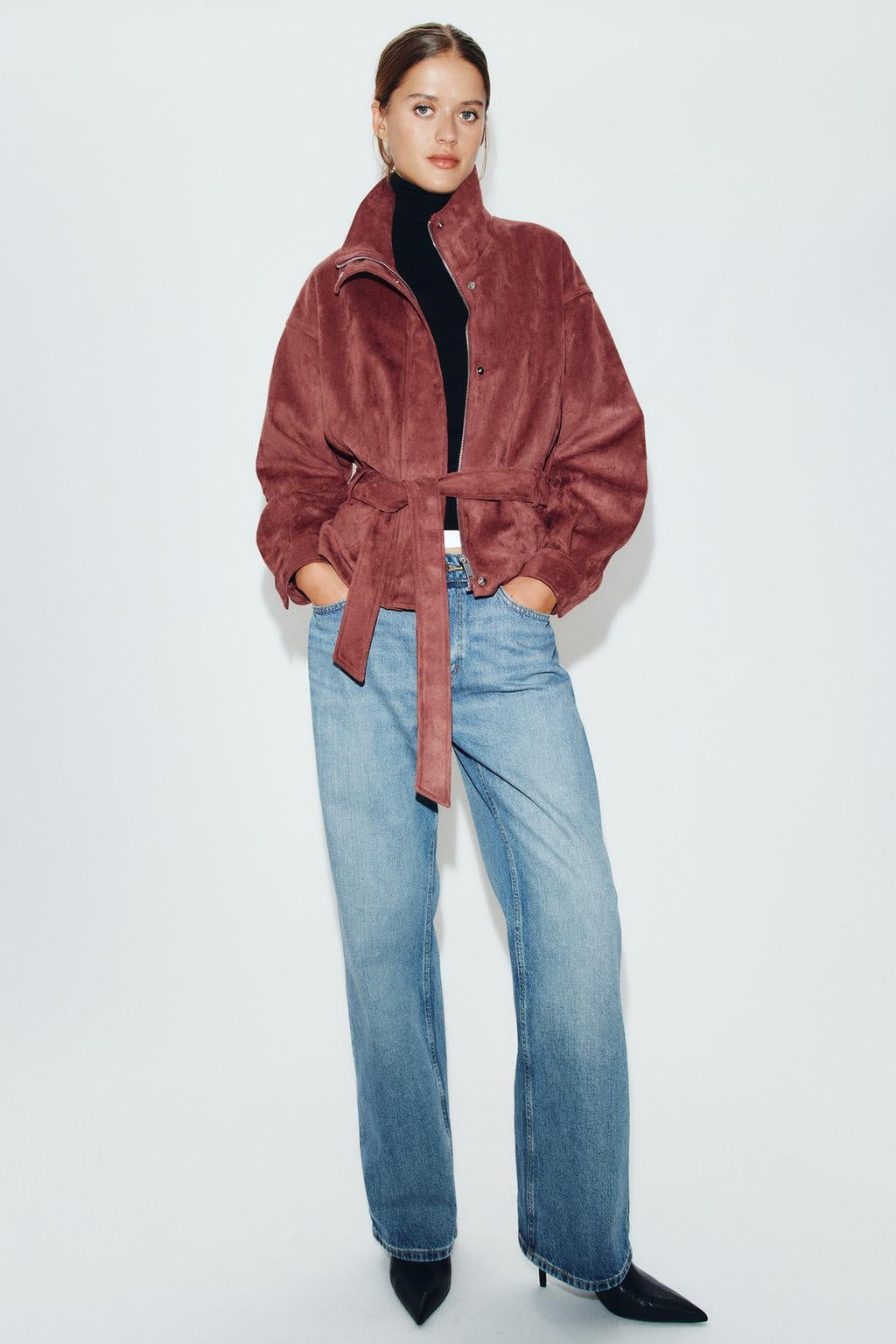 ZA Suede-Effect Belted Jacket