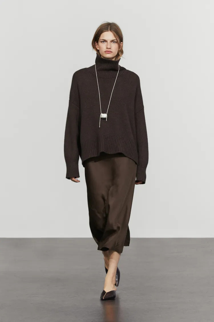 ZA Satin A-Line Midi Skirt