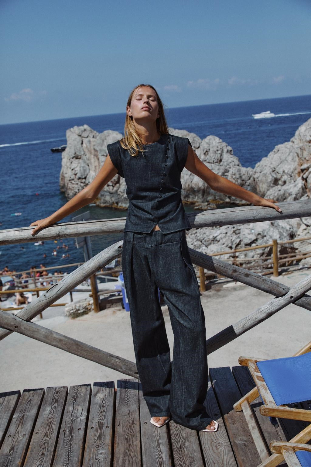 ZA Draped Denim Top &amp; Wide-Leg Trouser Set