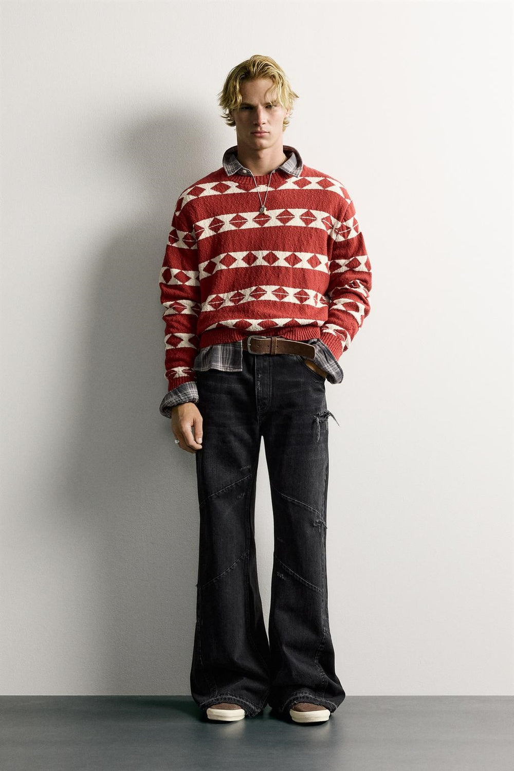 ZA Geometric Jacquard Crewneck Sweater