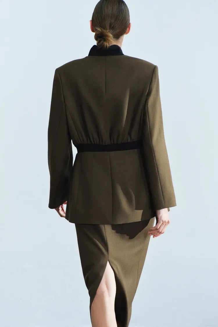 SA Contrast-Collar Tailored Jacket & Midi Skirt Set
