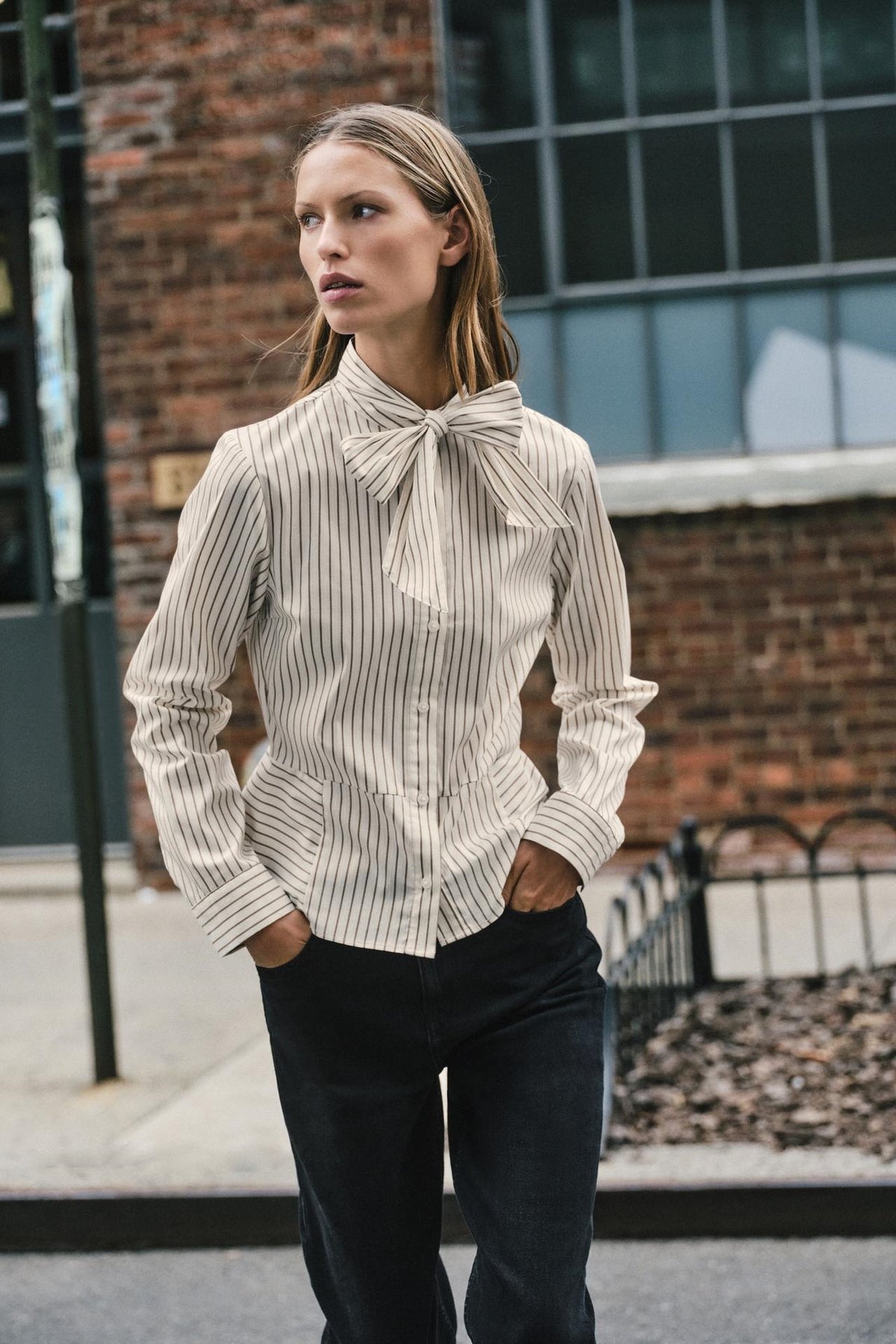 ZA Striped Bow-Neck Blouse