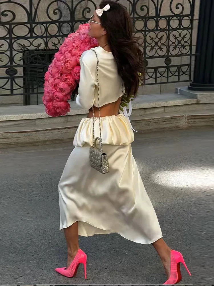 ZA Satin Cropped Cardigan &amp; Ruffle Midi Skirt Set