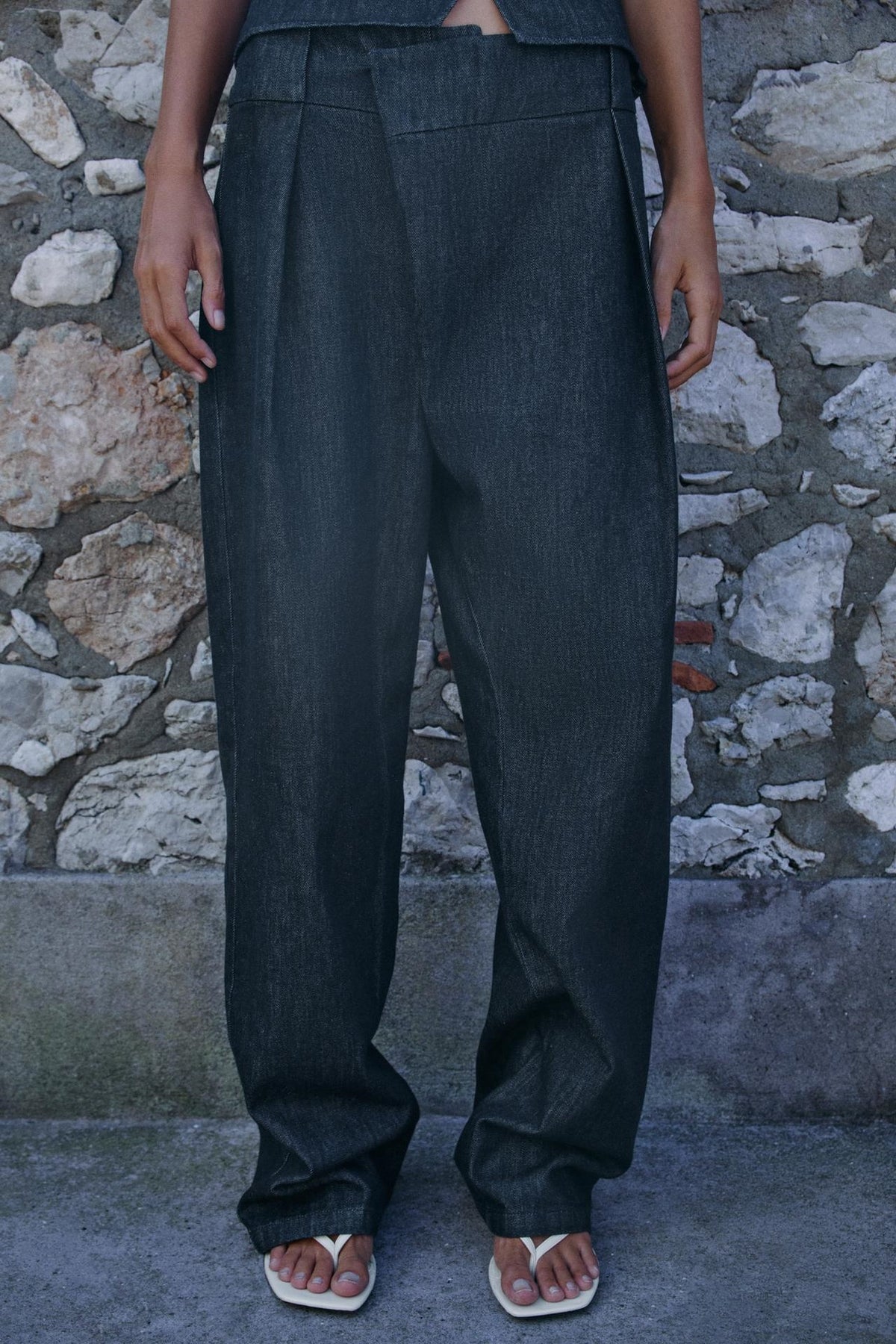 ZA Draped Denim Top &amp; Wide-Leg Trouser Set