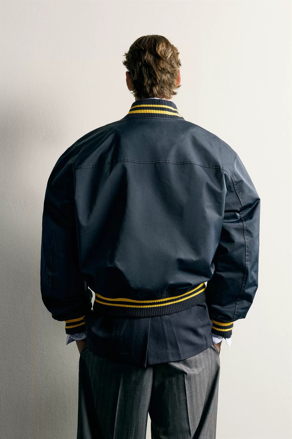 Navy Varsity Bomber Jacket with Yellow Stripe Trim