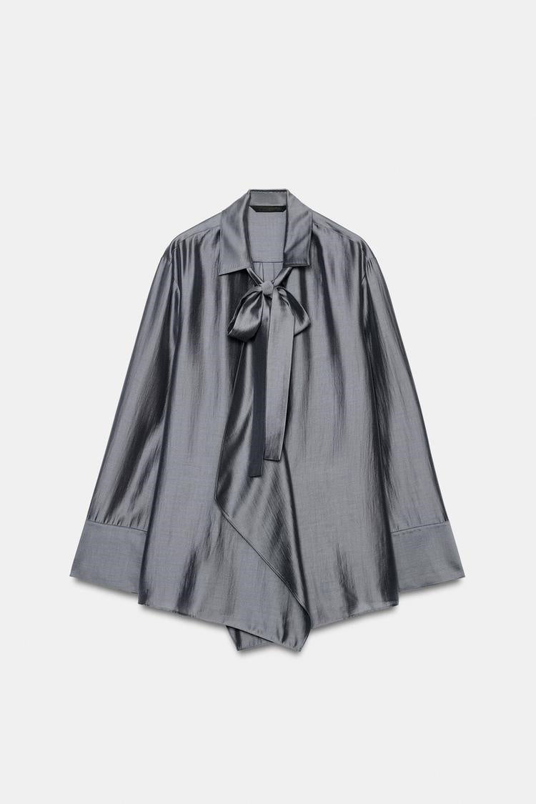 ZA Metallic Grey Tie-Neck Satin Blouse