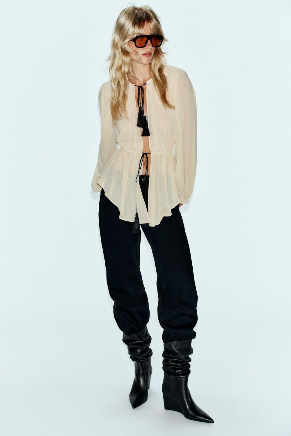 ZA Ivory Sheer Tassel-Tie Blouse