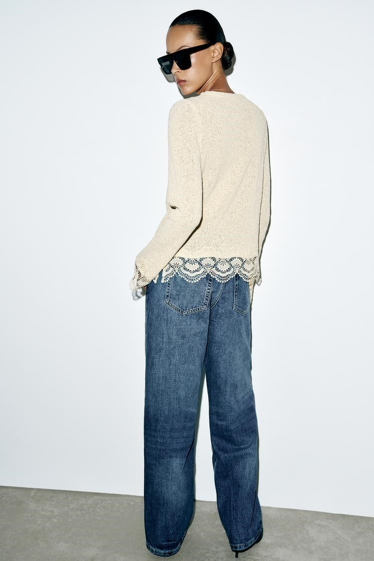 ZA Lace-Trim Textured Knit Sweater