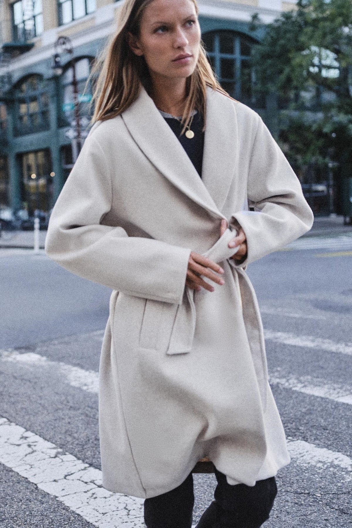 ZA Belted Shawl-Collar Long Coat