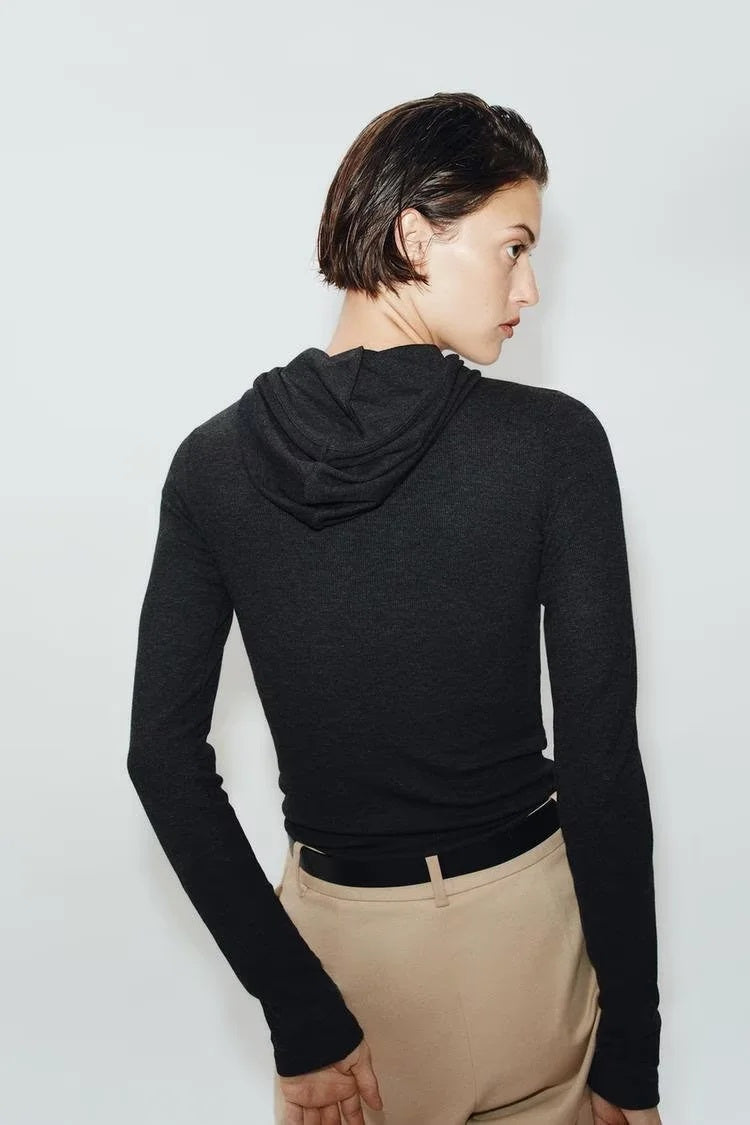 ZA Draped Hooded Long Sleeve Top