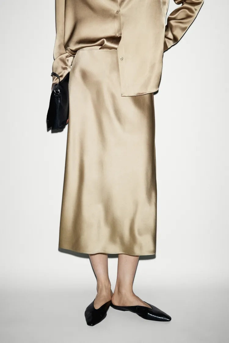 ZA Satin A-Line Midi Skirt