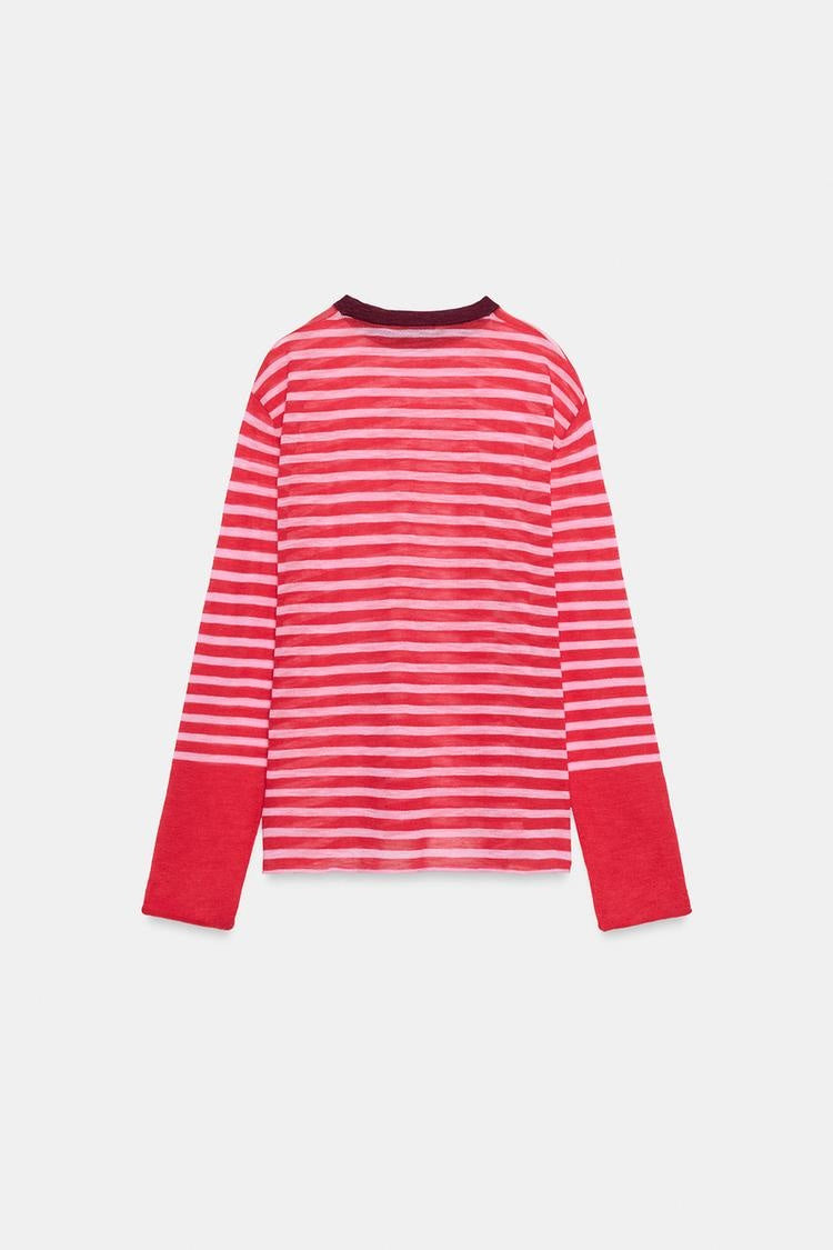 ZA Striped Contrast-Cuff Long-Sleeve Top