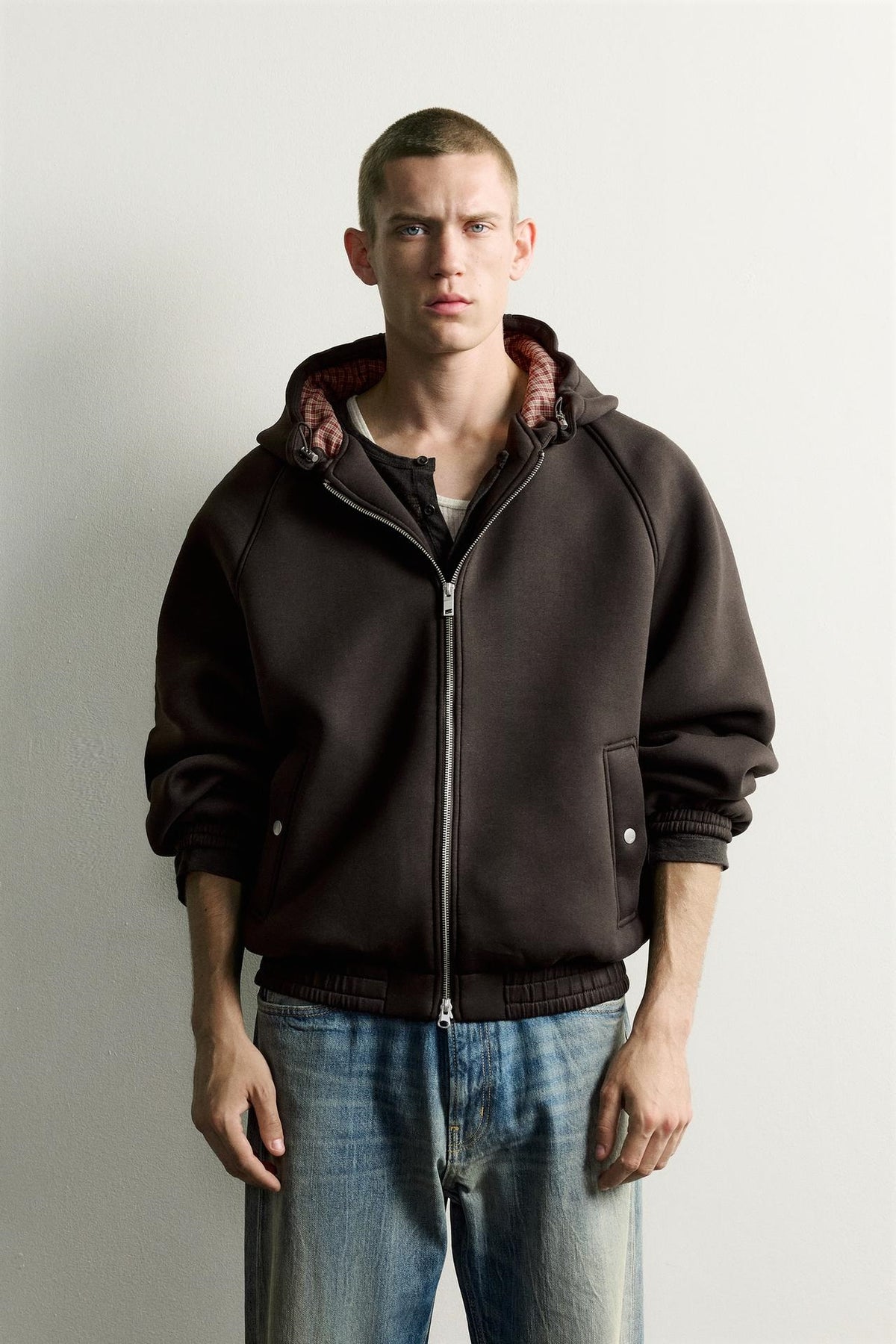 ZA Relaxed Zip-Up Hooded Bomber Jacket