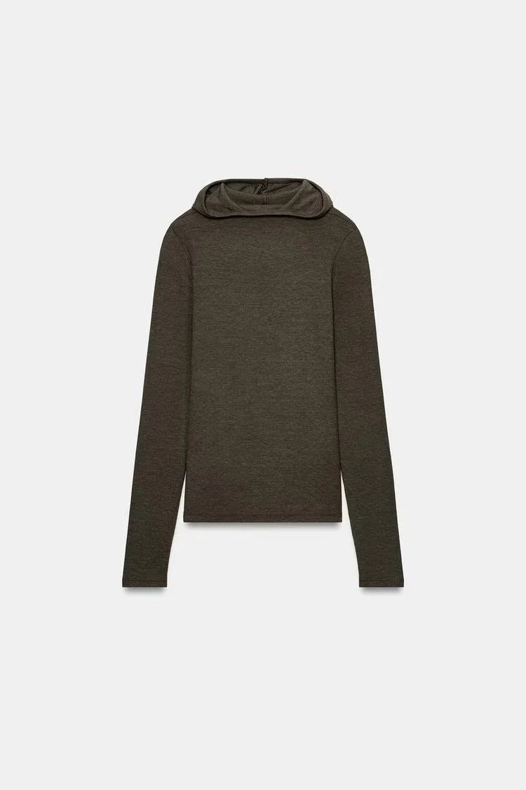 ZA Draped Hooded Long Sleeve Top