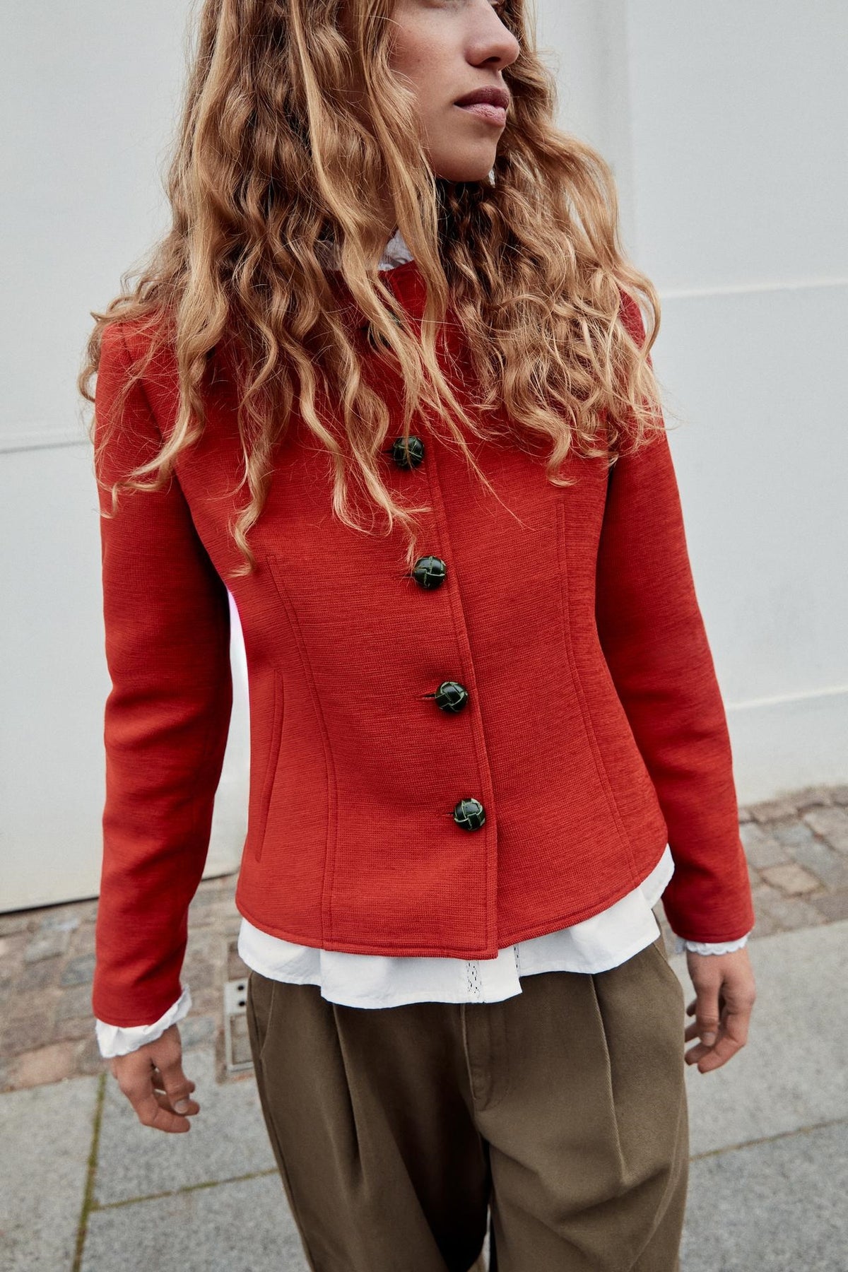 ZA Red Collarless Button Jacket