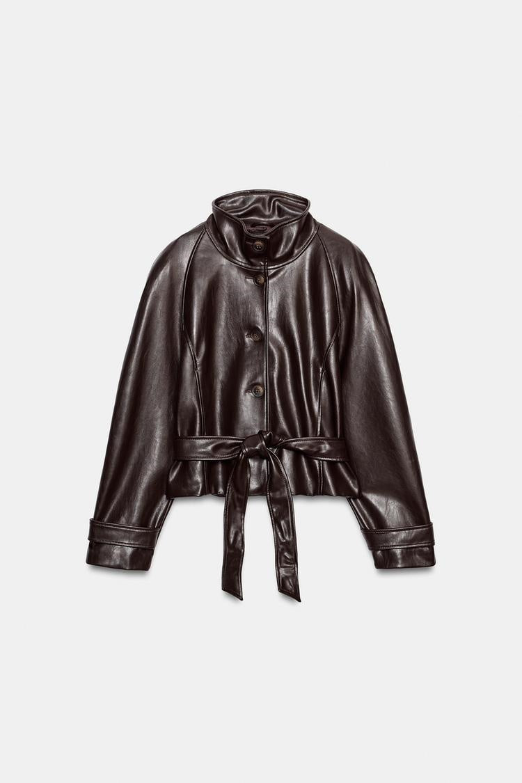 ZA Belted High-Neck Faux Leather Jacket