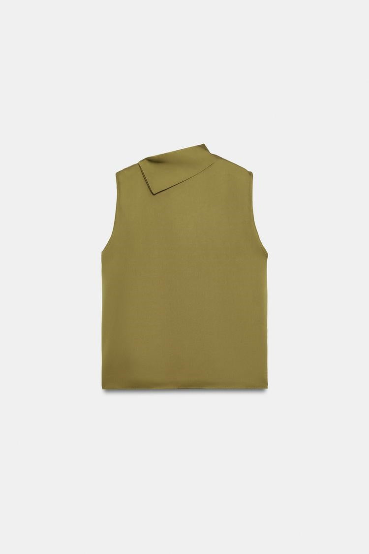 ZA Satin Draped High-Neck Sleeveless Top