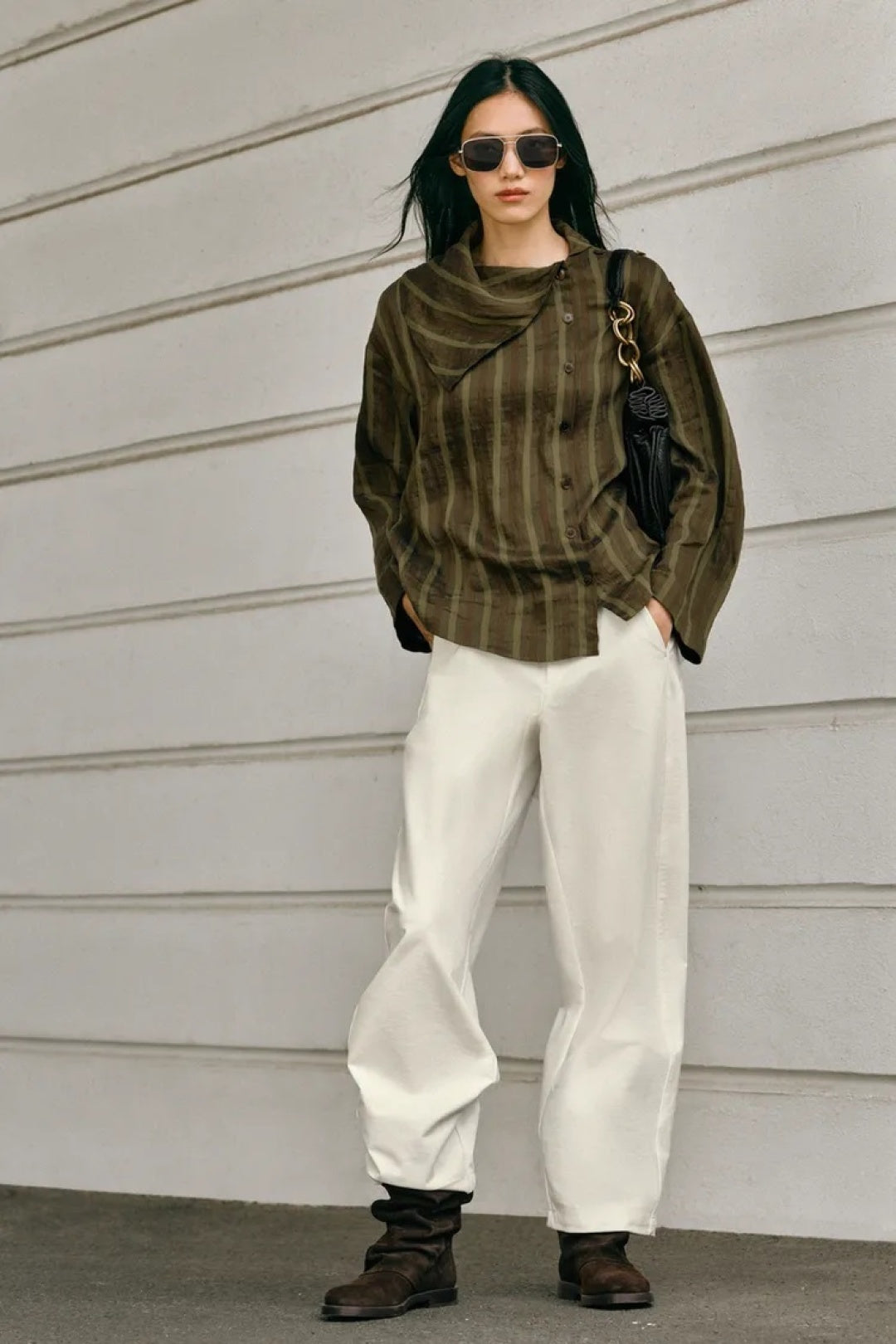 ZA Olive Striped Draped-Collar Blouse