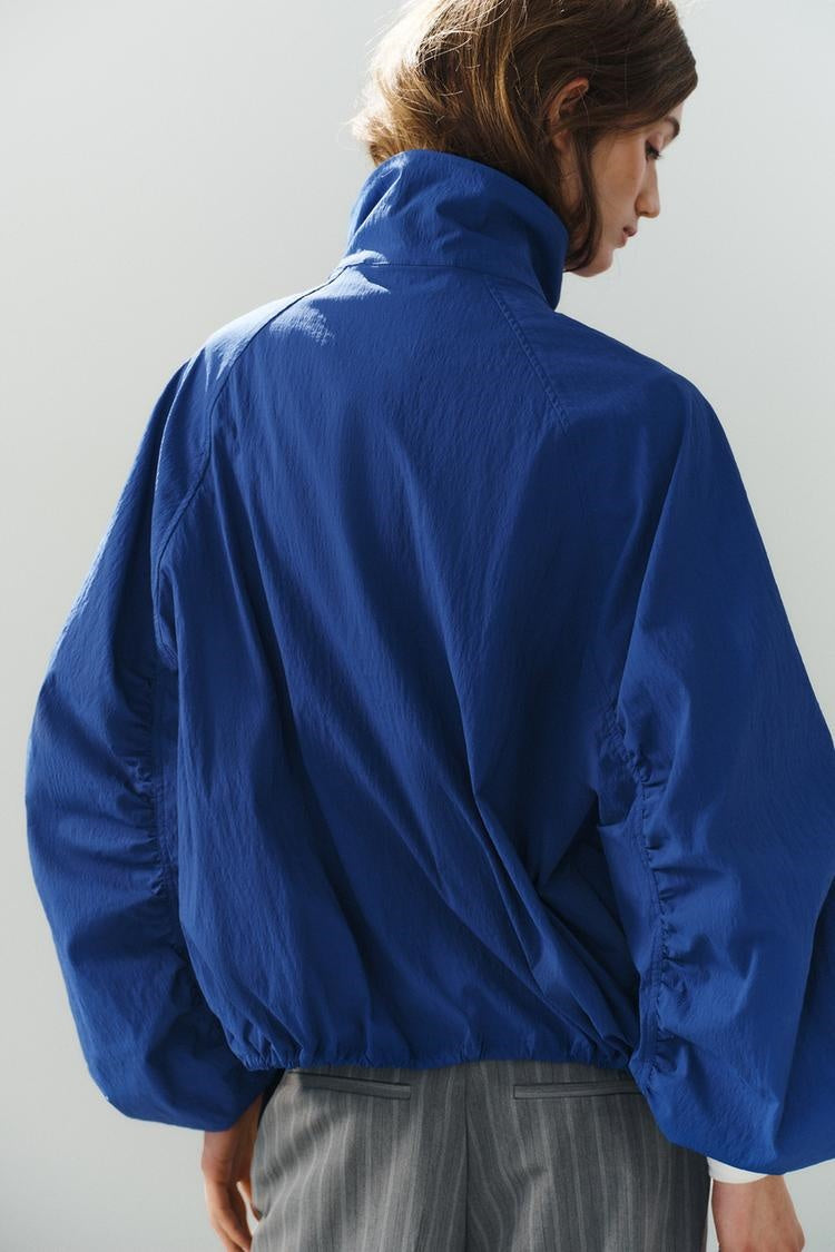 ZA Ruched Sleeve High-Neck Jacket