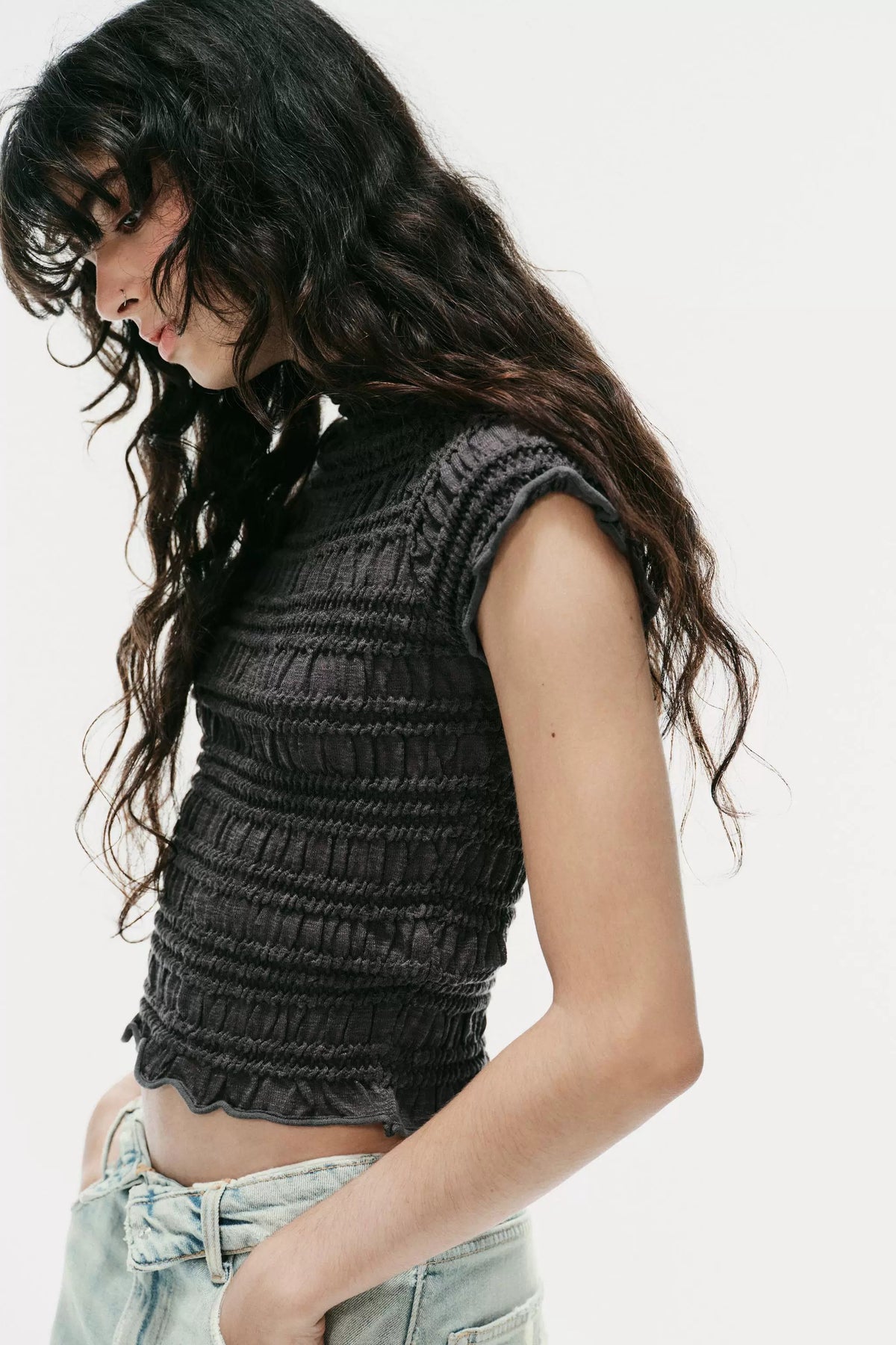 ZA Textured Ruffle High-Neck Top