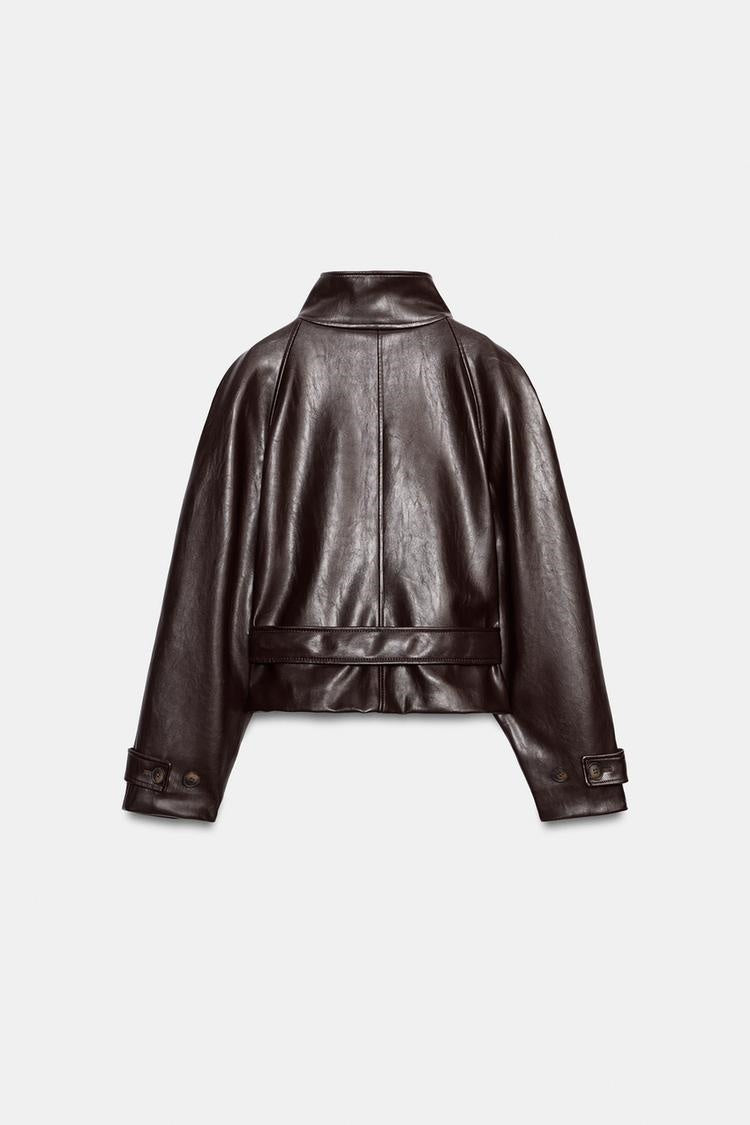 ZA Belted High-Neck Faux Leather Jacket