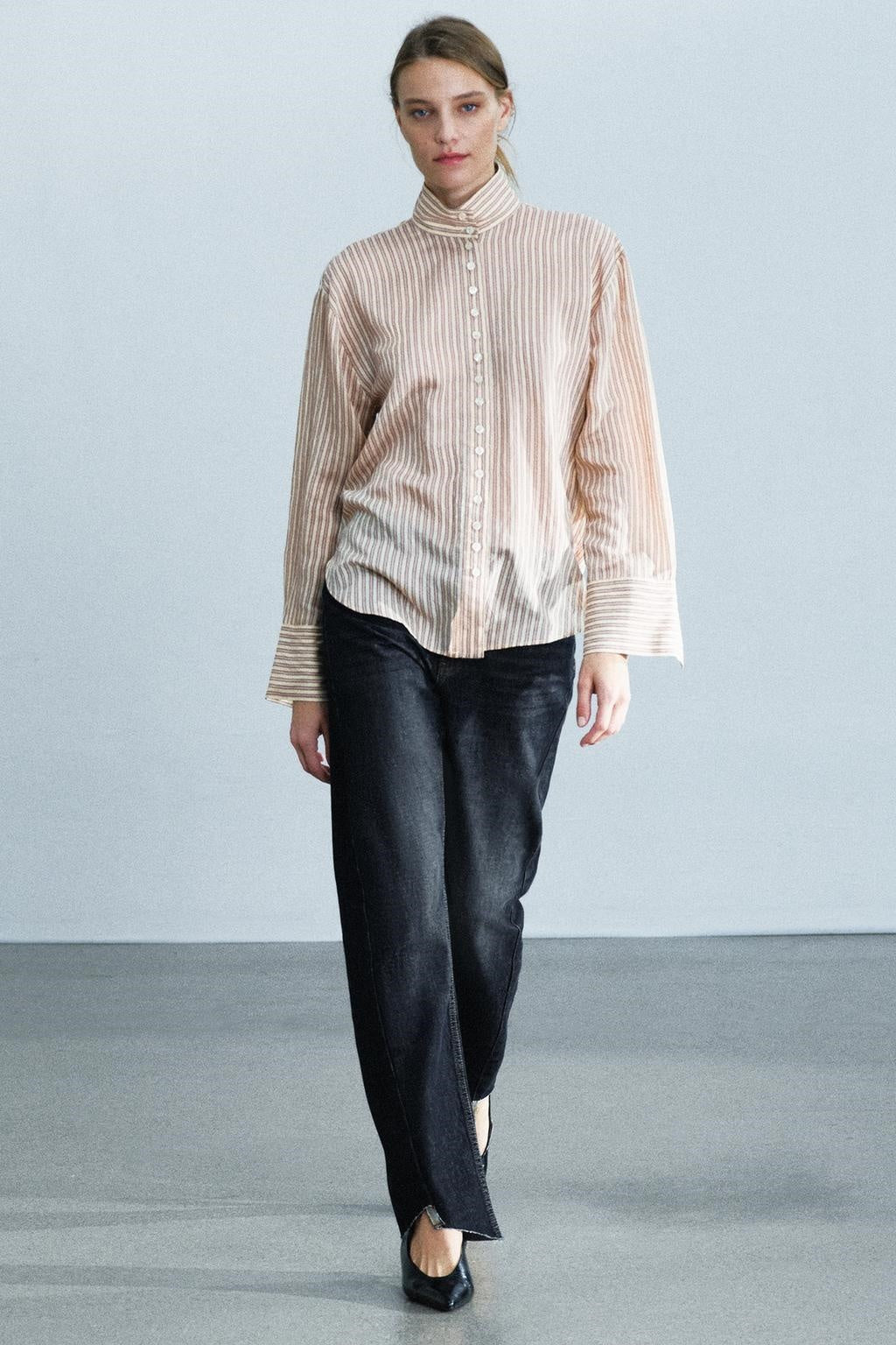 ZA  High-Neck Striped Oversized Shirt