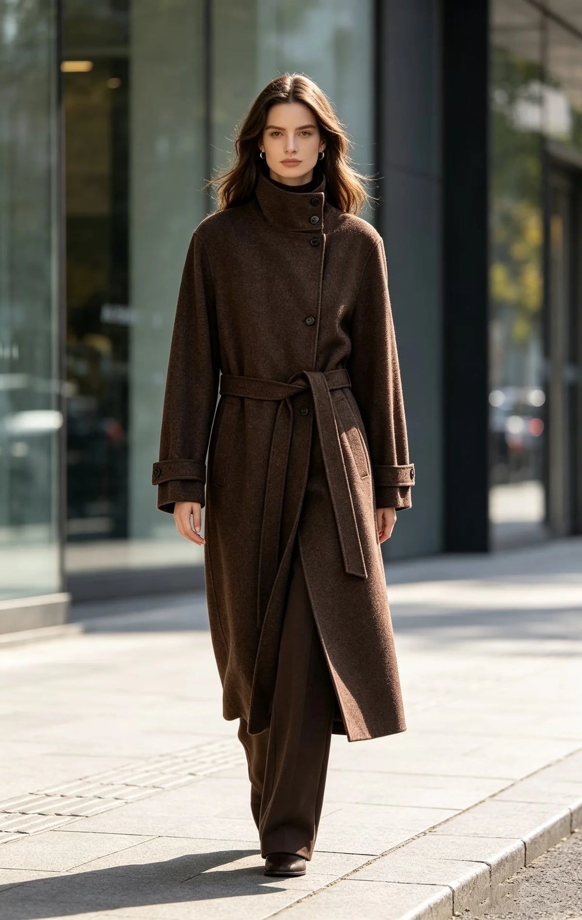 ZA Belted High-Neck Long Coat