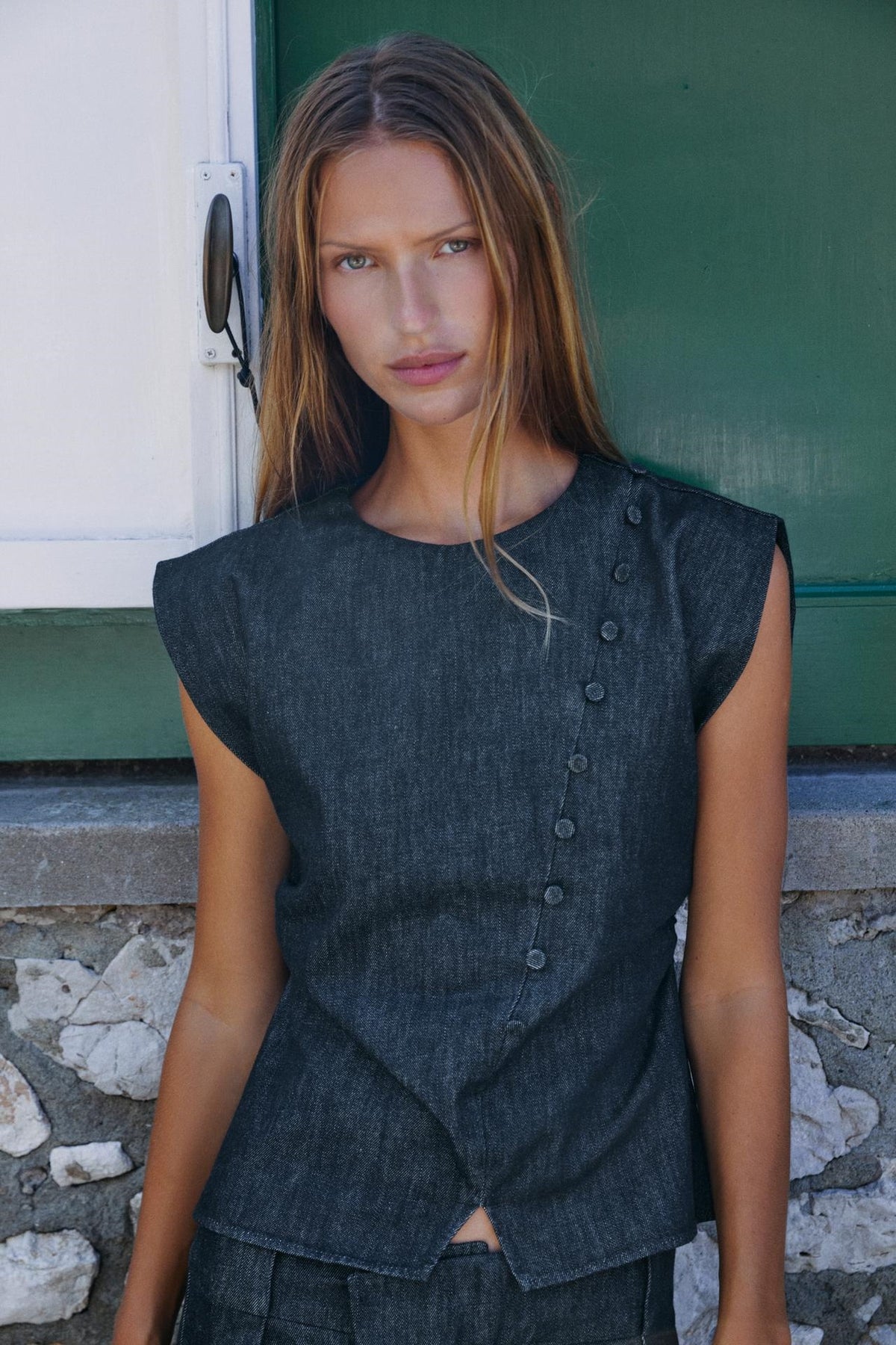 ZA Draped Denim Top &amp; Wide-Leg Trouser Set