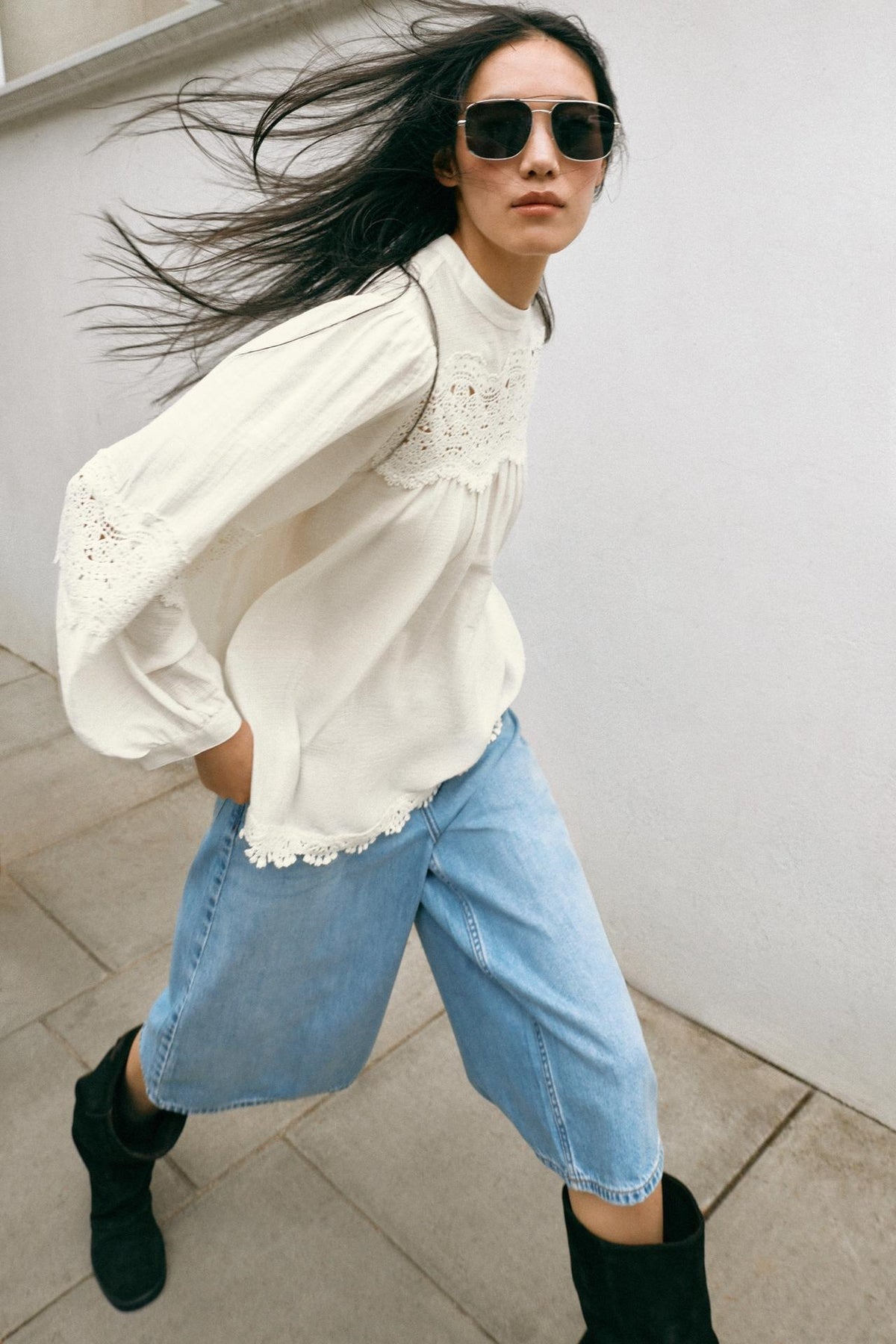 ZA Lace-Insert Gathered Blouse