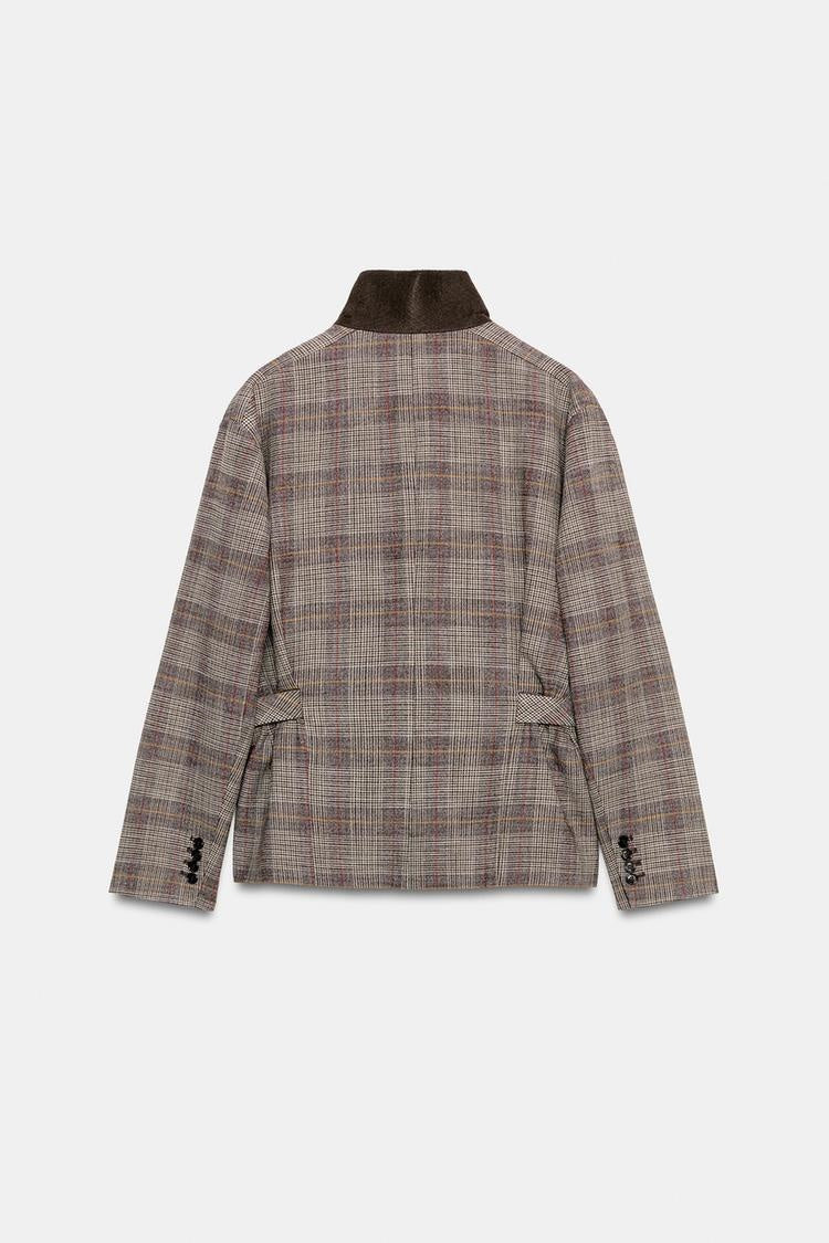 ZA Double-Breasted Checked High-Collar Jacket