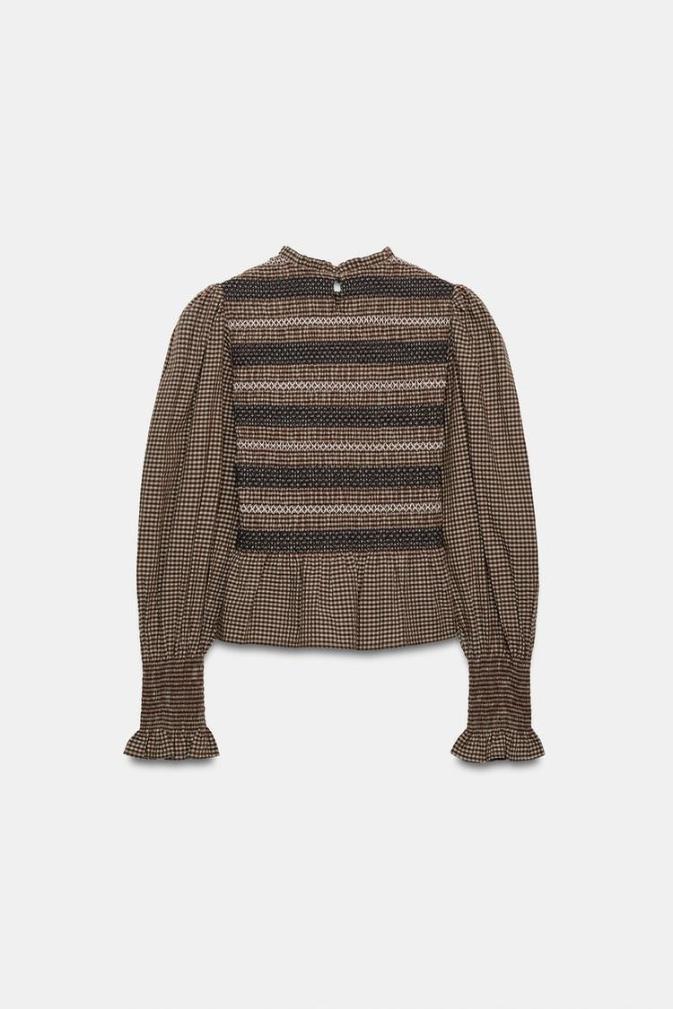 SA Smocked Check Puff-Sleeve Blouse