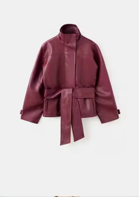 ZA Belted Faux Leather High-Neck Jacket
