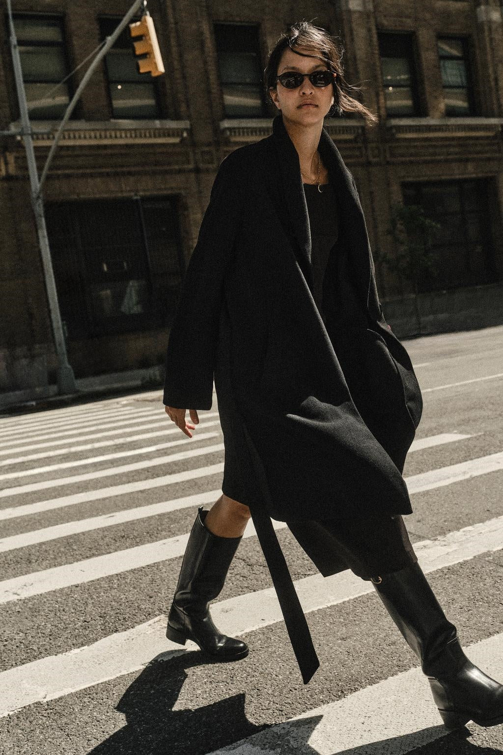 ZA Belted Shawl-Collar Long Coat