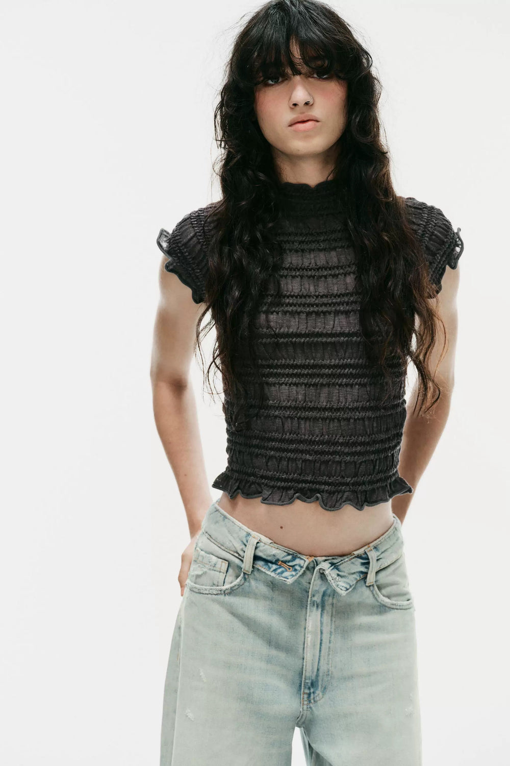 ZA Textured Ruffle High-Neck Top