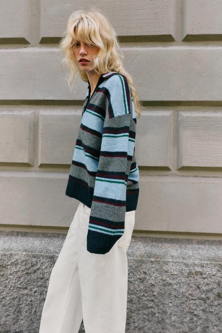 ZA Striped Polo Collar Knit Sweater
