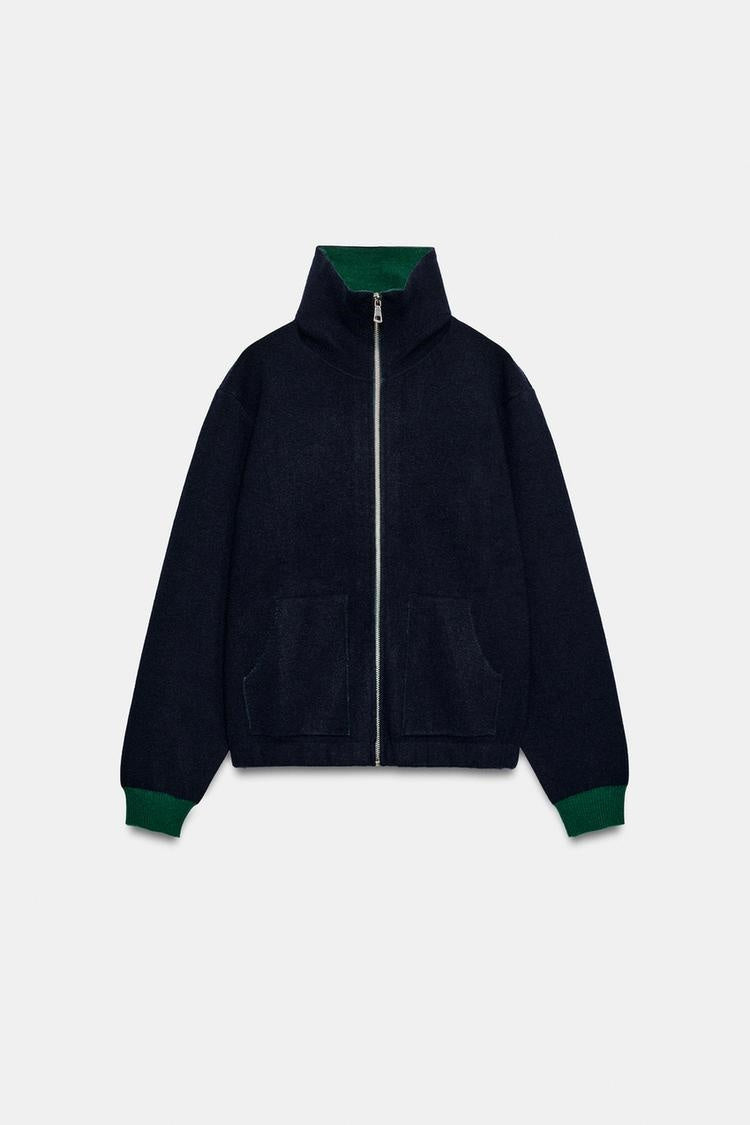 ZA Contrast Collar Full-Zip Knit Jacket