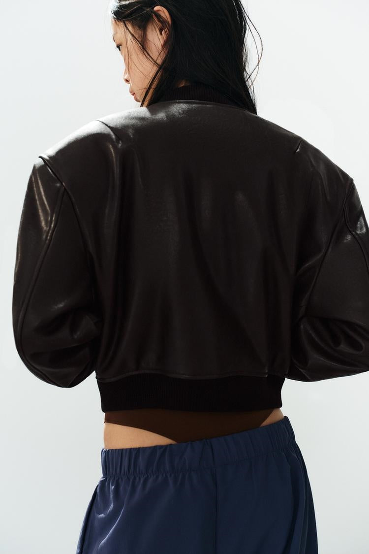 ZA Cropped Faux Leather Bomber Jacket