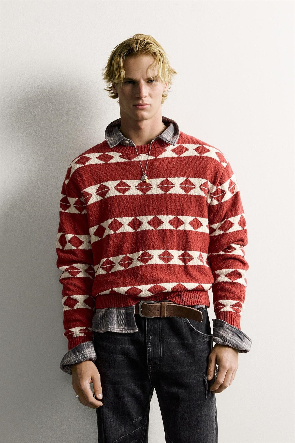ZA Geometric Jacquard Crewneck Sweater